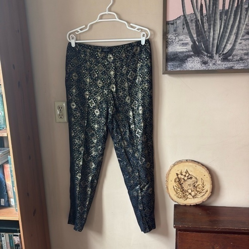 Lafayette 148 Navy Blue & Gold Metallic Brocade Trouser Pant Size 10